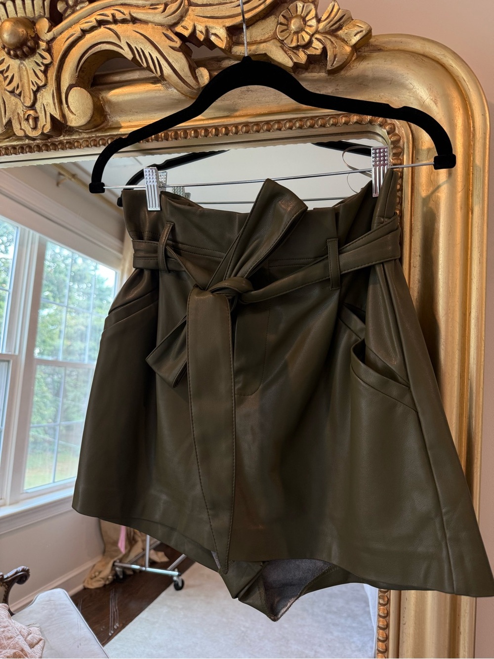 High-Waist Olive Green Faux Leather Paperbag Shorts with Tie Belt